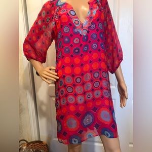 Hot Pink Tunic Silk Sheer Long Sleeve Dress with lining.  Size Medium